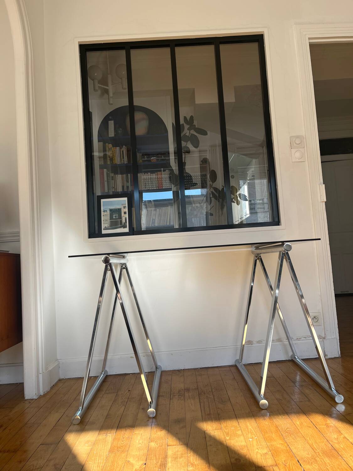 Smoked glass and chrome metal desk by Milo Baughman for Rochebobois