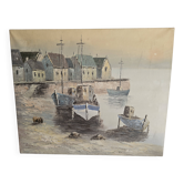 Tableau huile sur toile - marine, port de pêche dans village signé Billings