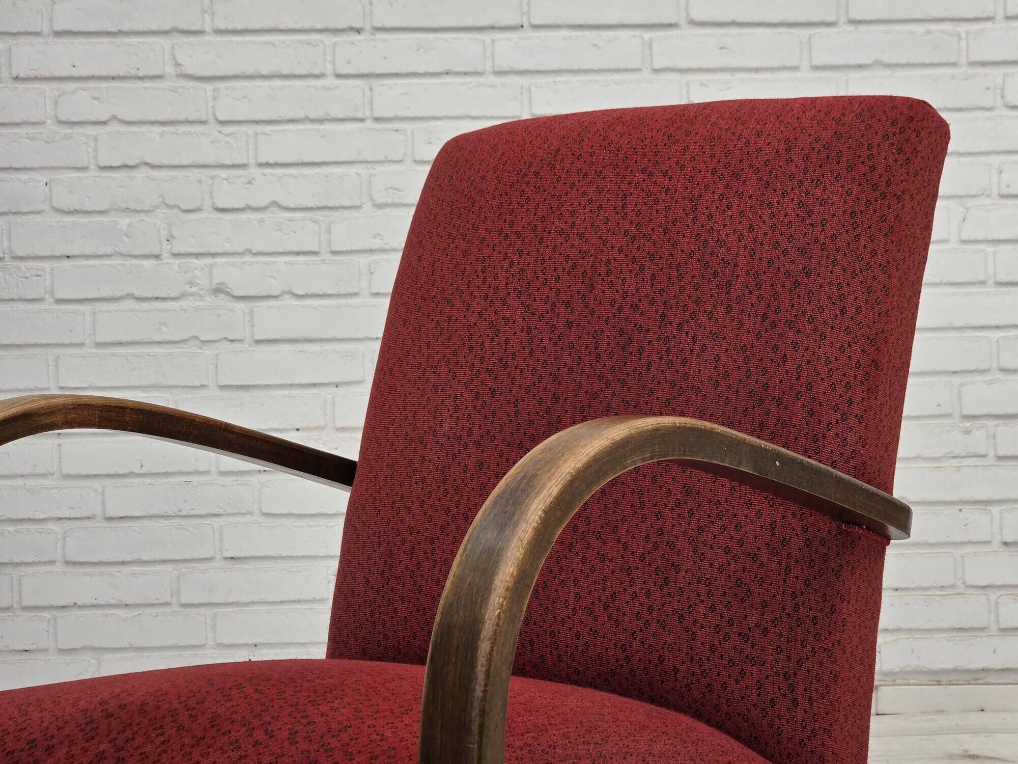 1950s, Danish art deco armchair, original red furniture wool, beech wood.