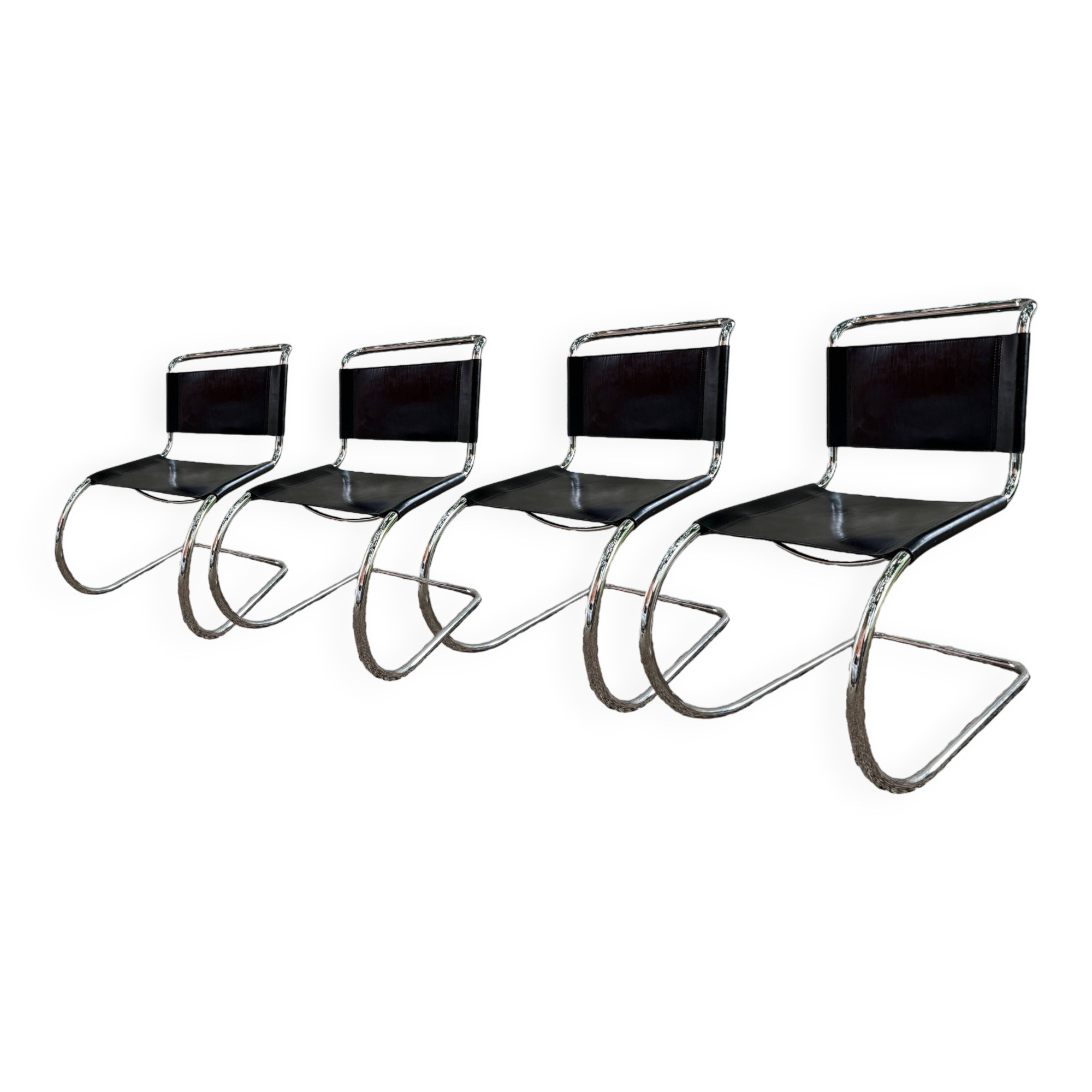 Set of 4 mr10 cantilever chairs chrome steel & black leather, ludwig mies van der rohe / fasem 1970s