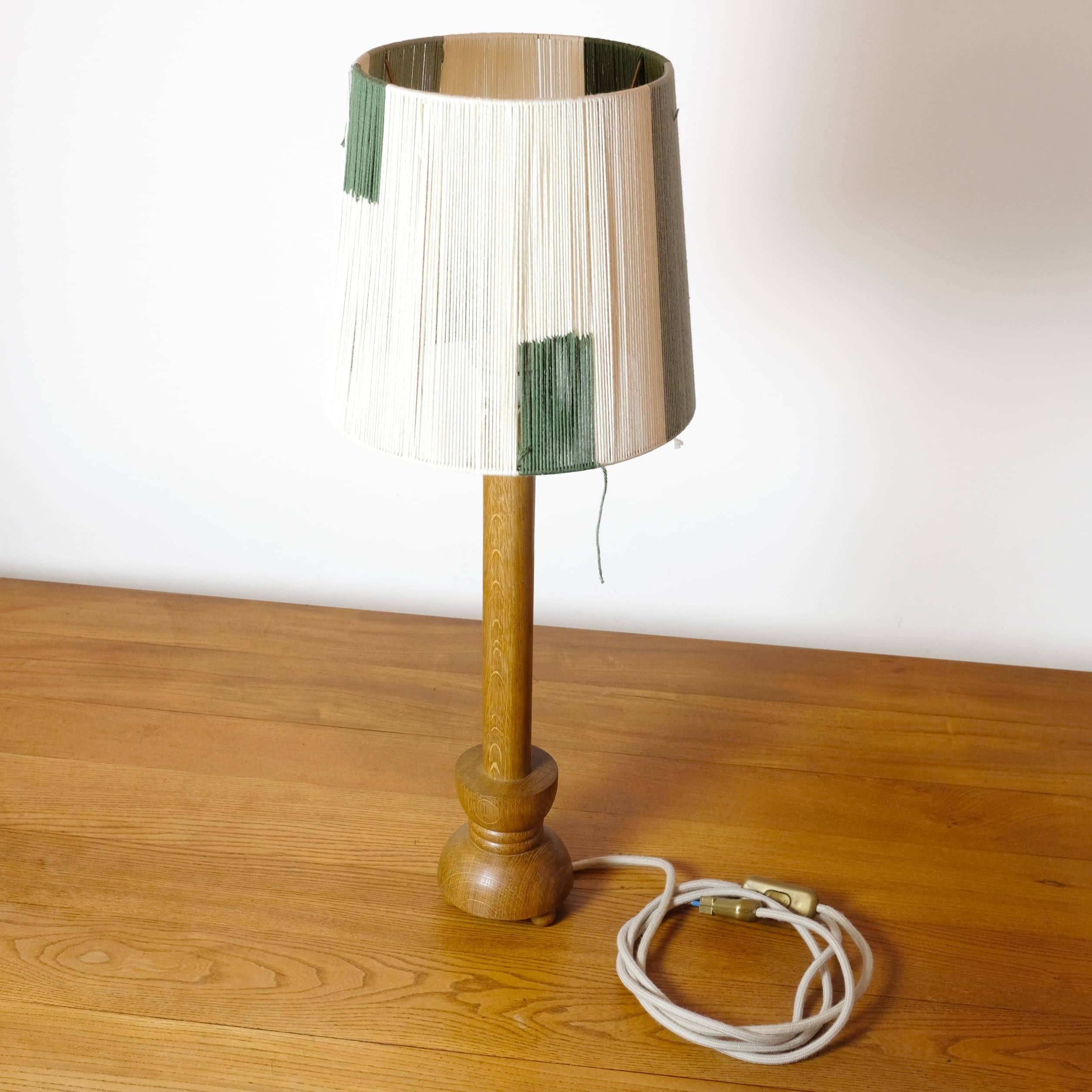 Wooden candle holder mounted as a lamp and its rope lampshade (large).