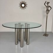 Round glass and metal dining table, Italian design from the 80s, vintage