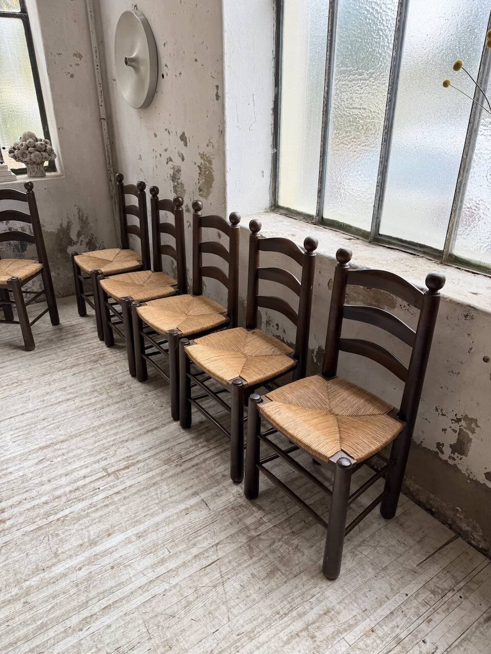 Straw chairs oak 1940s Dudouyt