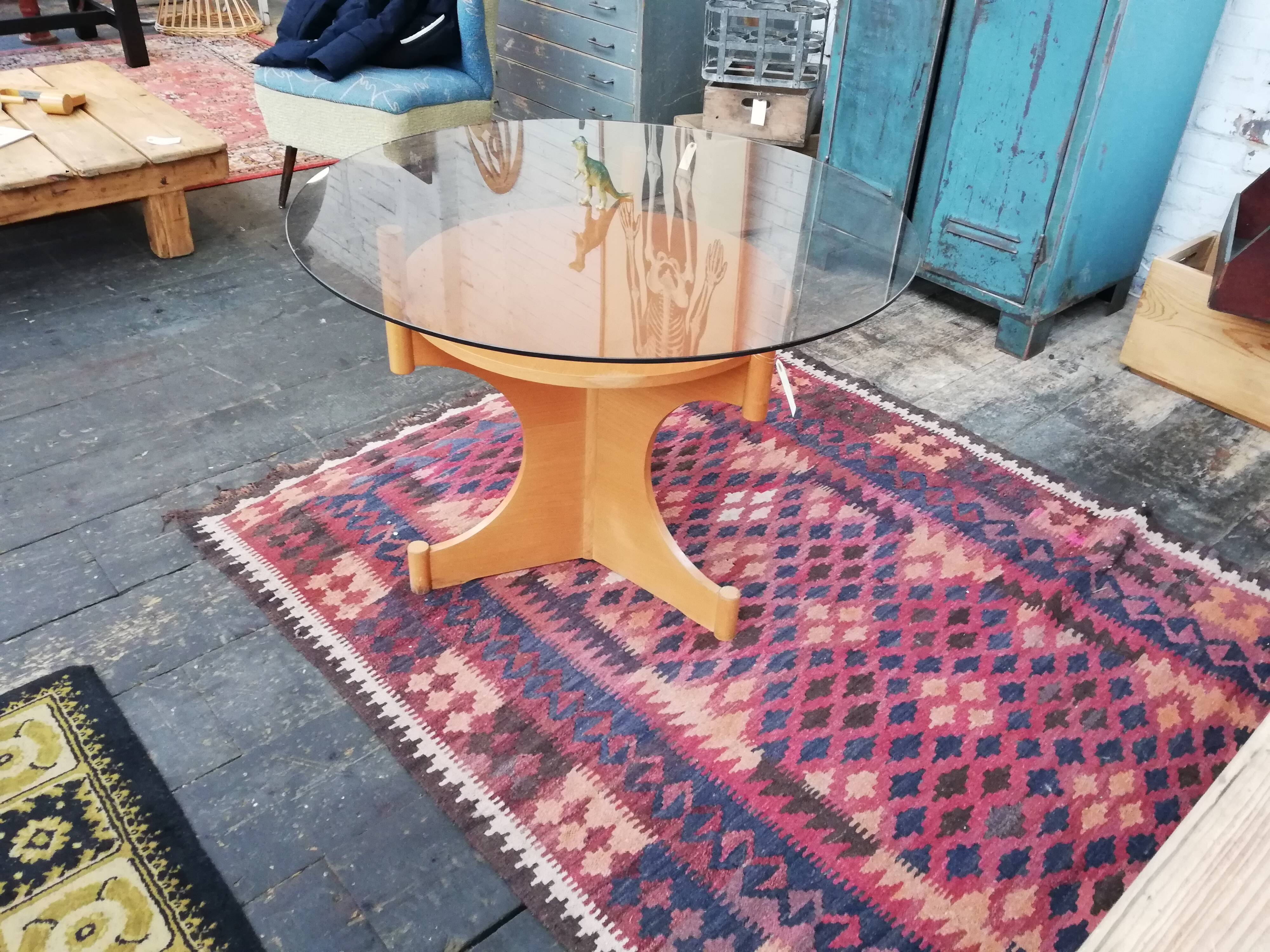 Vintage round wooden table and glass top, Czech, 1960, central leg