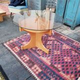 Table ronde vintage en bois et plateau verre, tchèque, 1960, pied central