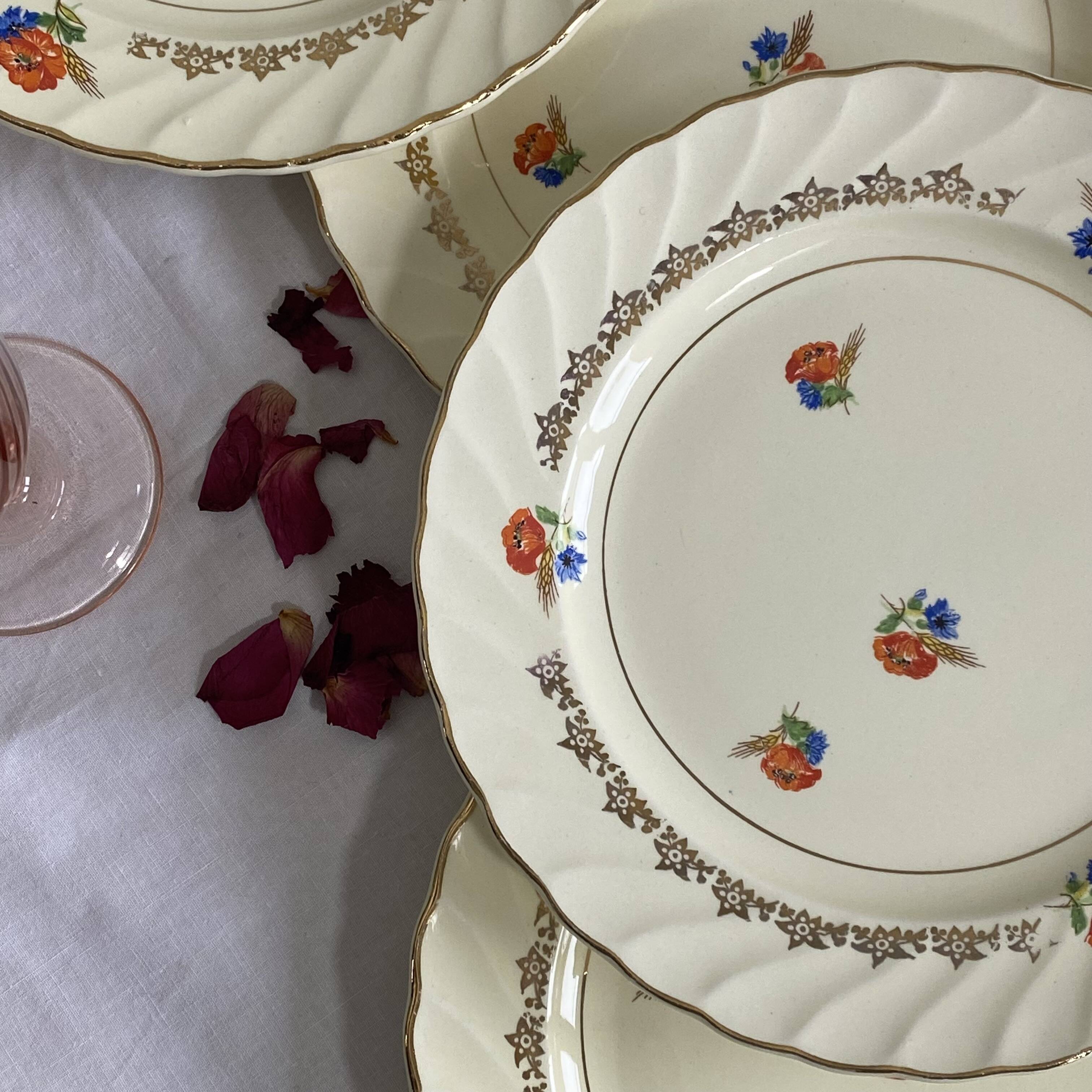 6 pale yellow earthenware dessert plates from Salins with flowers