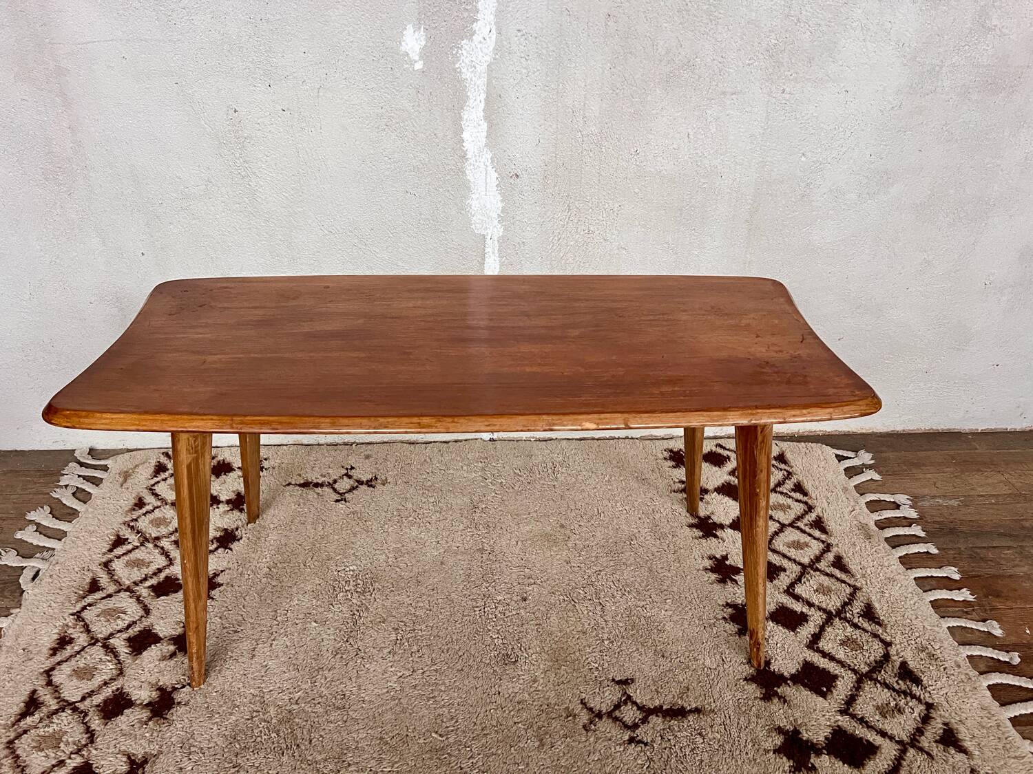 Oak coffee table, foot, compass. rockets. free form vintage old