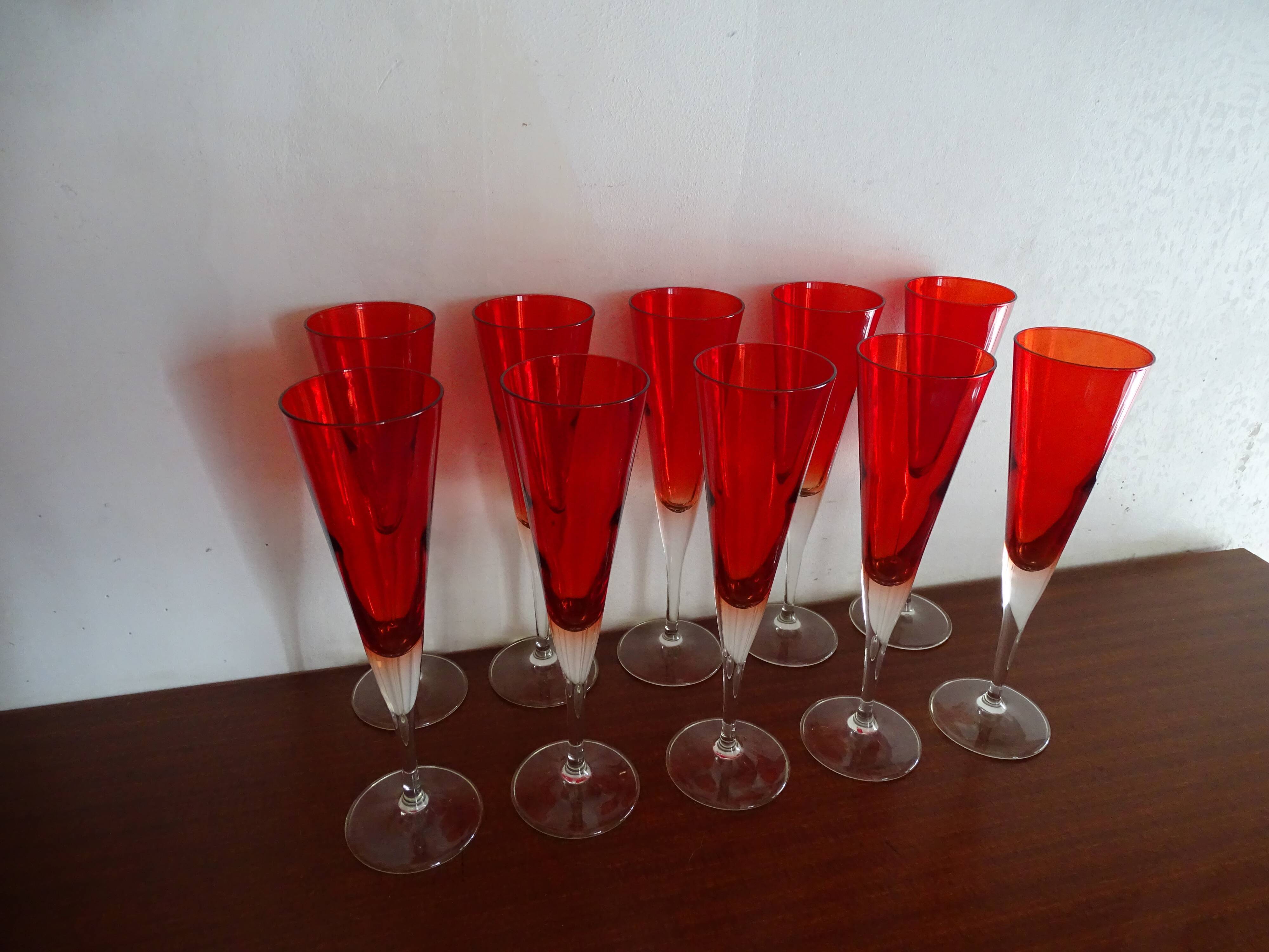 10 vintage champagne flutes in ruby red glass