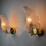 Pair of frosted leaf sconces, Murano glass, Italy, 1970
