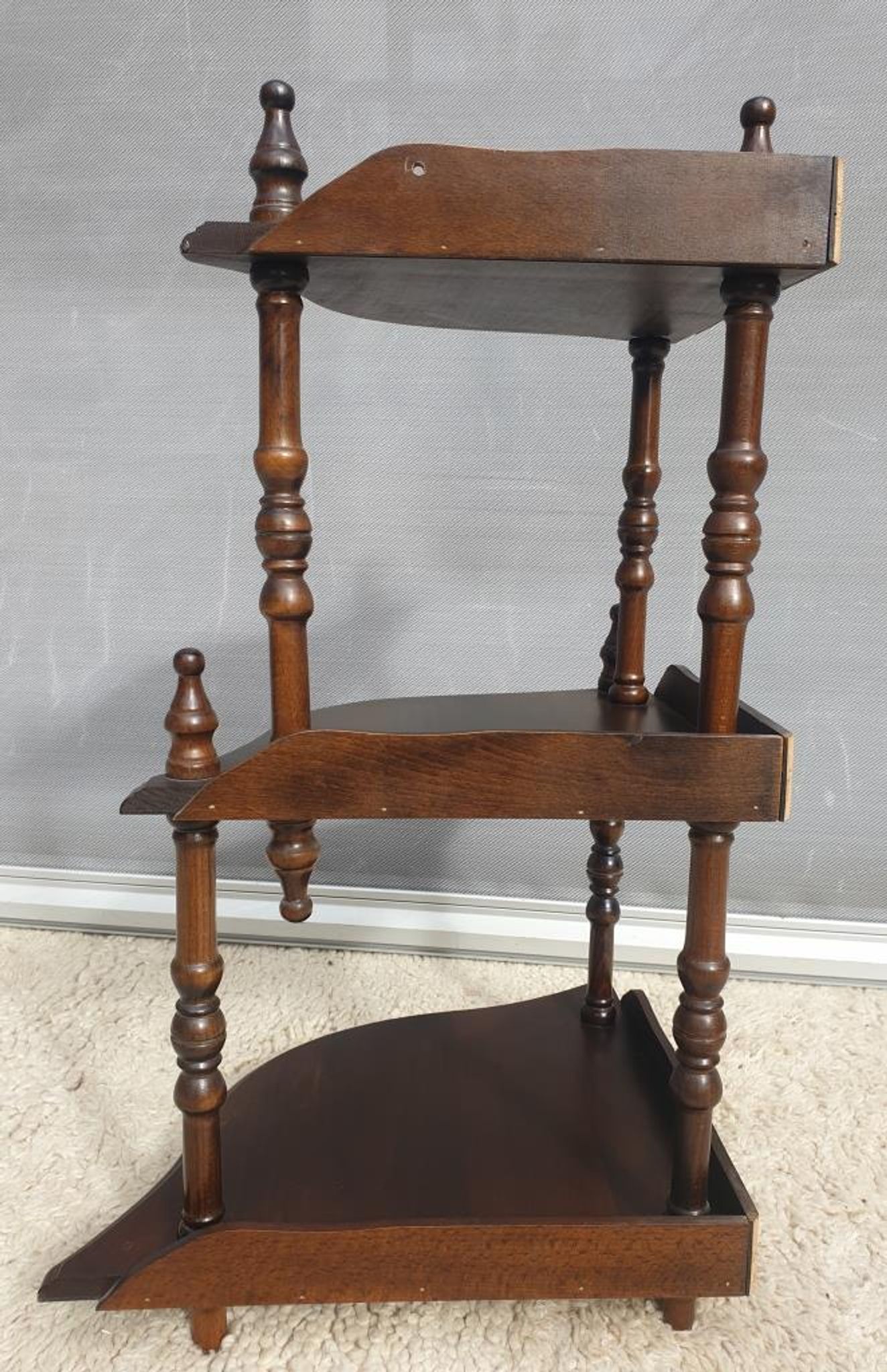Wall-mounted corner display with 3 mahogany shelves