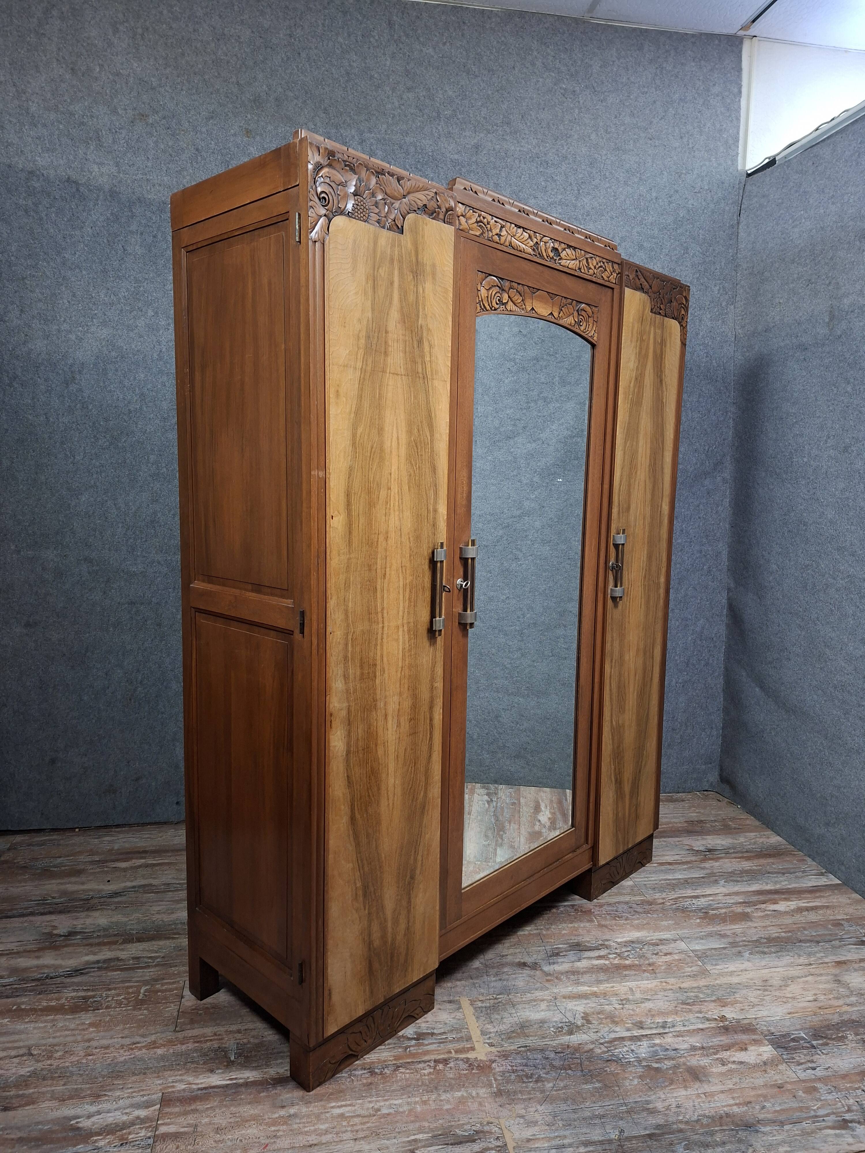 three-door wardrobe in fruitwood veneer, Art Deco style