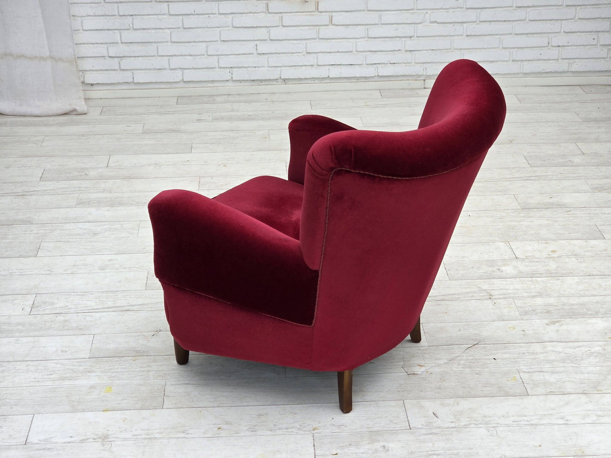 1960s, Danish armchair, cherry-red furniture velour, beech wood legs.