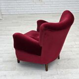 1960s, Danish armchair, cherry-red furniture velour, beech wood legs.