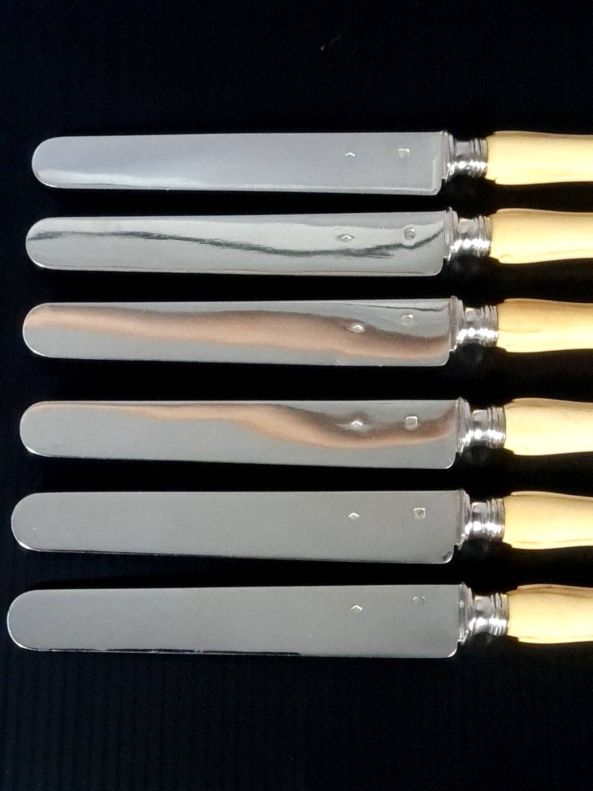 6 old silver blade knives, Hénin Cie hallmark + Minerva + case C651