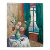1920s French Still Life Oil Painting – Red Roses on Panel – Vintage Floral