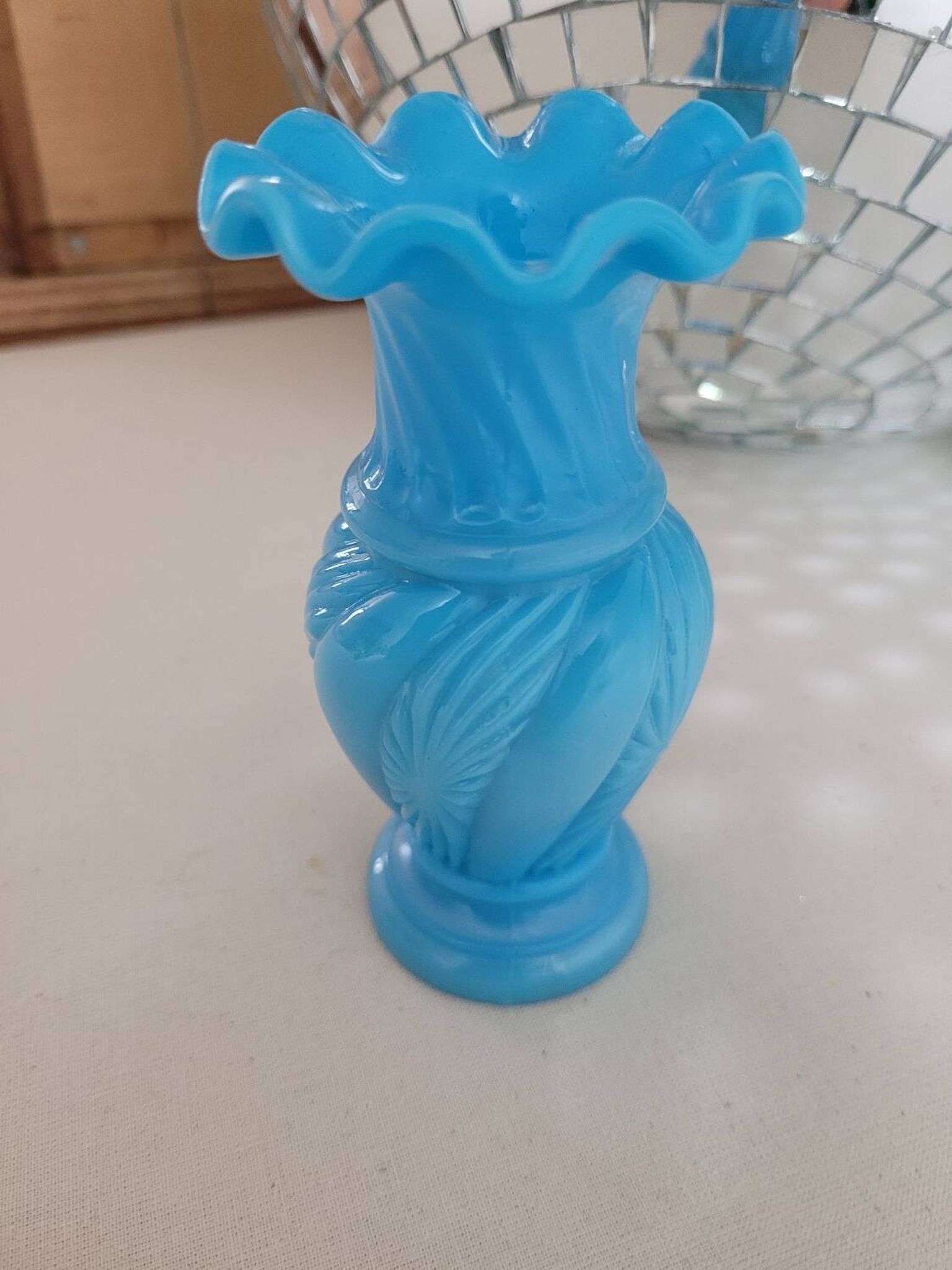 Lace-edged blue opaline vase