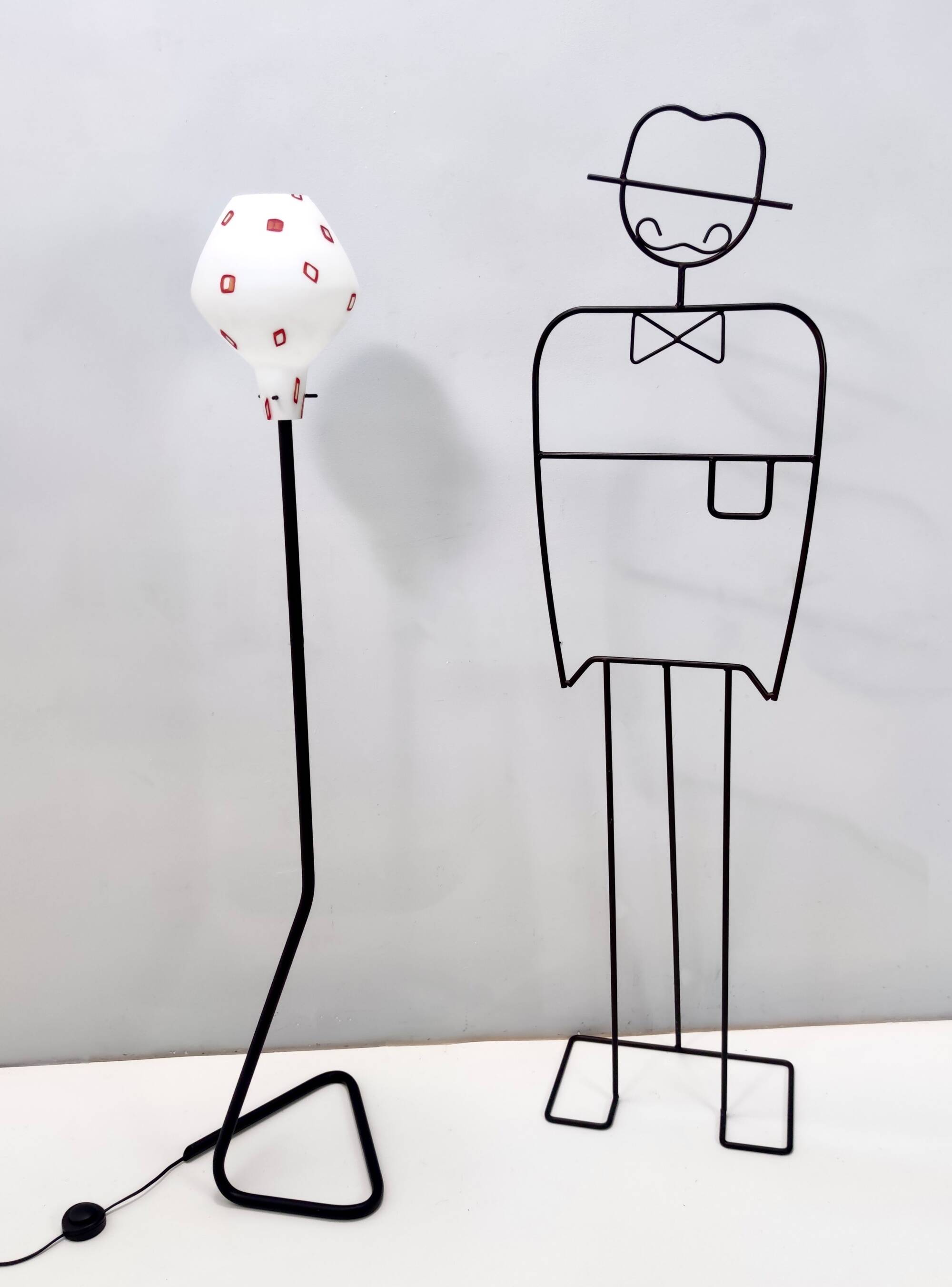 Floor Lamp with Vintage Encased Glass Shade with Red Geometrical Motifs, Italy