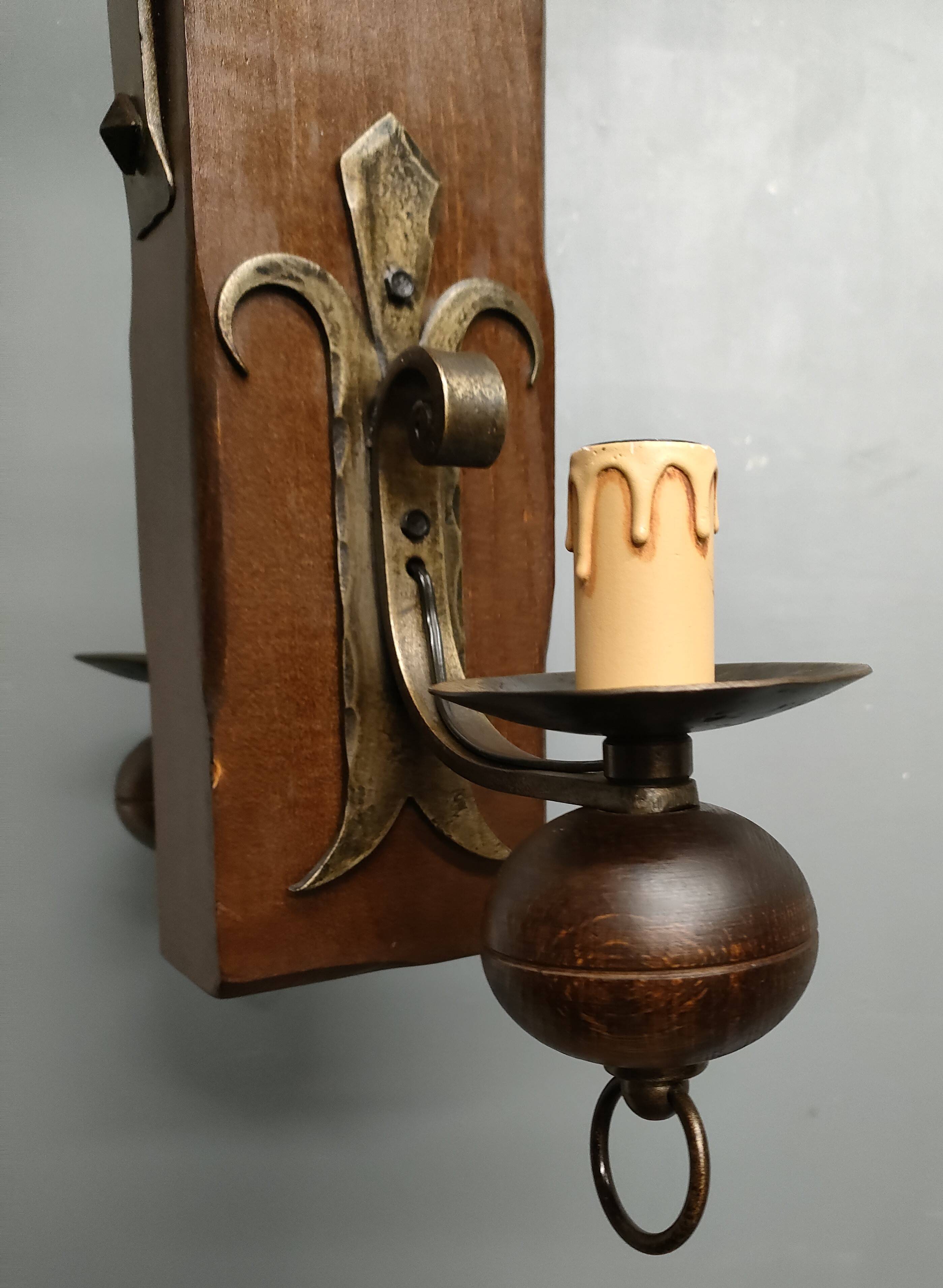 Medieval 2-light chandelier ~ hammered and patinated wrought iron ~ oak ~ 60s ~ France