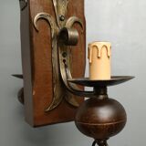 Medieval 2-light chandelier ~ hammered and patinated wrought iron ~ oak ~ 60s ~ France