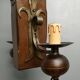 Medieval 2-light chandelier ~ hammered and patinated wrought iron ~ oak ~ 60s ~ France
