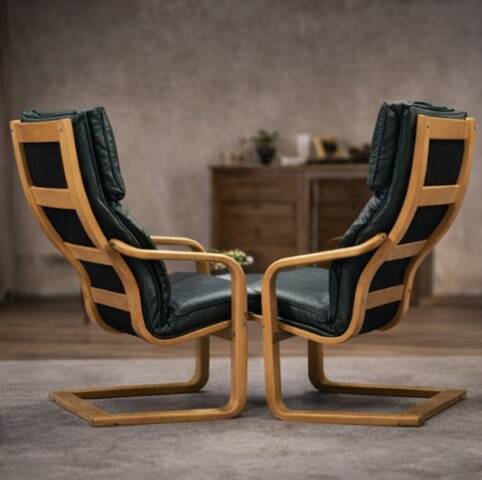 Noboru Nakamura for IKEA — “Points” Armchairs (Pair) — Birch & Leather