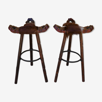 Paire de tabourets de bar brutalistes vintage avec assise en peau de vache