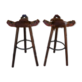 Paire de tabourets de bar brutalistes vintage avec assise en peau de vache