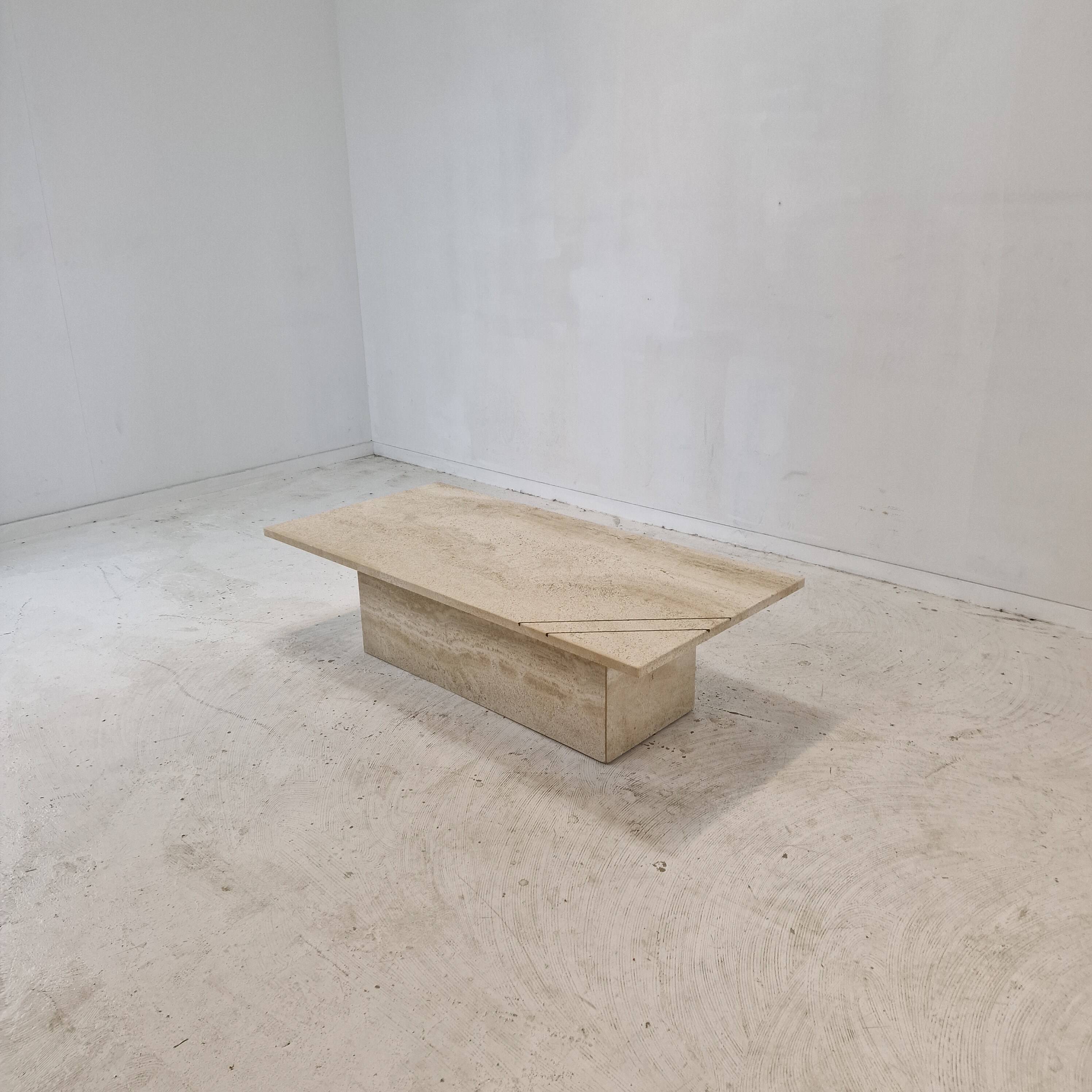Rectangle Travertine Coffee or Side Table with Brass, Italy 1980s