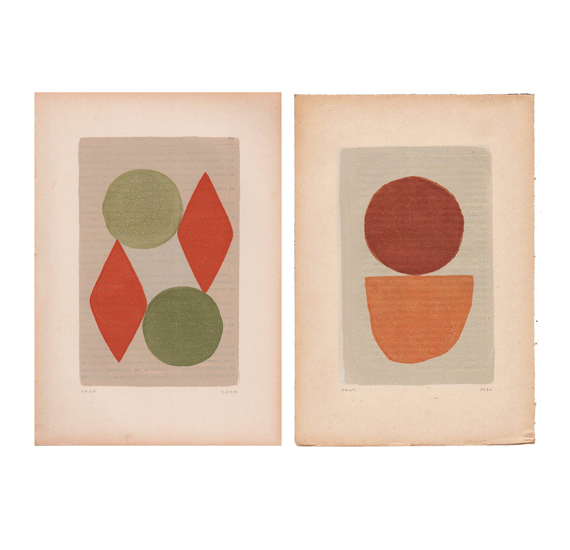 Duo of paintings on old paper -B53 and B60 - abstract paintings signed eawy