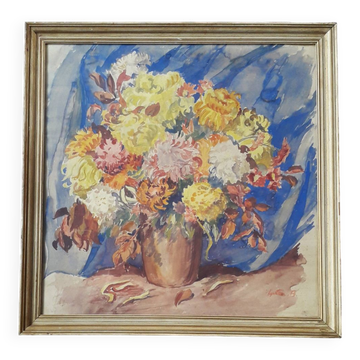Old signed painting representing a bouquet of flowers
