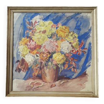 Old signed painting representing a bouquet of flowers