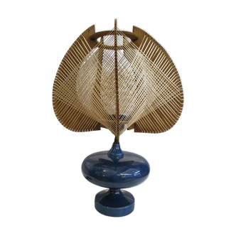 Lampe pied céramique bleu abat-jour fil scandinave années 60