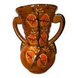 Old vase with brown ceramic handle + leaf decoration from the 70s vintage.