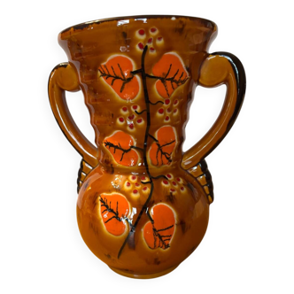 Ancien vase avec anse céramique marron + décor feuilles années 70 vintage.