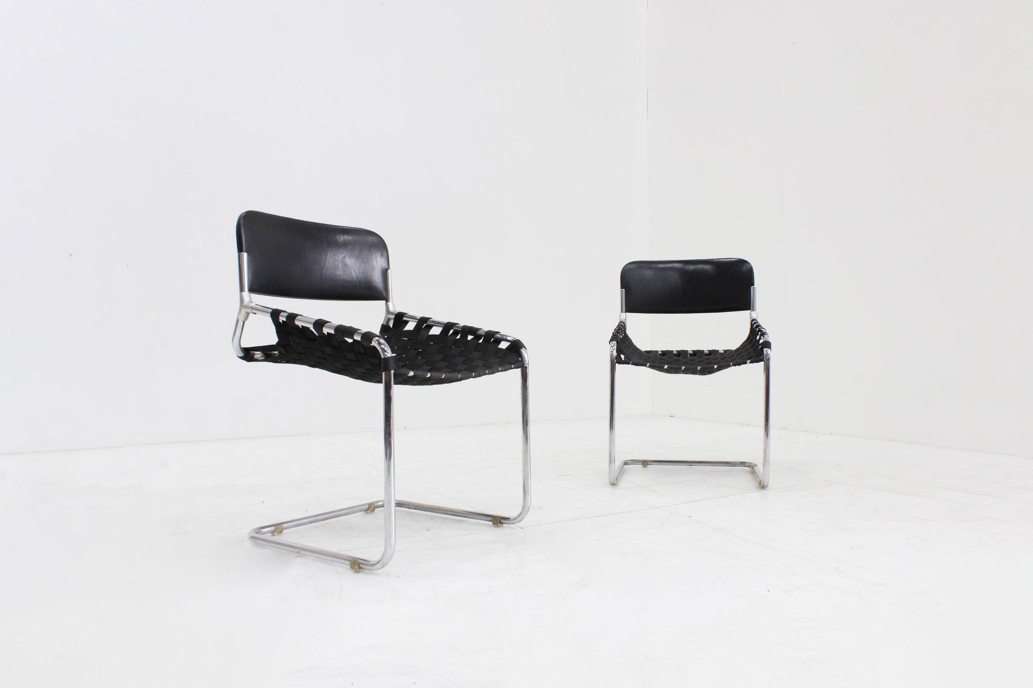 Set Vintage italian chairs black leather and chrome 1970s
