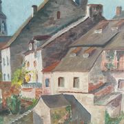 Painting on wood of a countryside village, Creuse