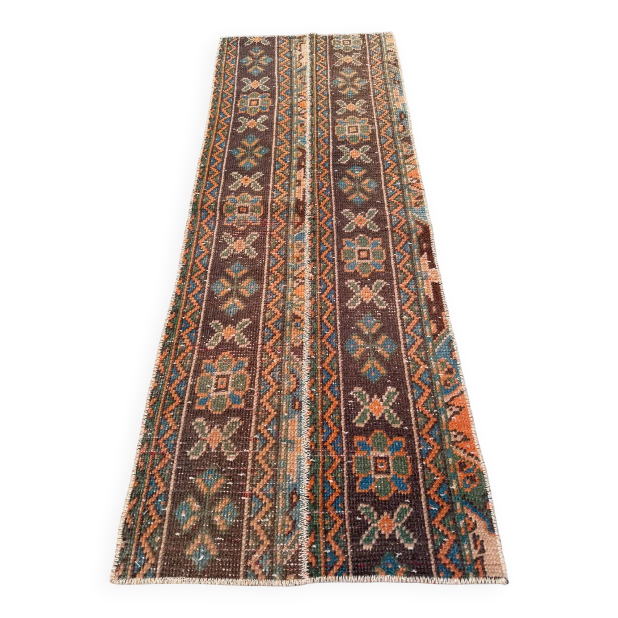 Distressed Turkish narrow runner 55x148 cm wool vintage tribal rug 2563