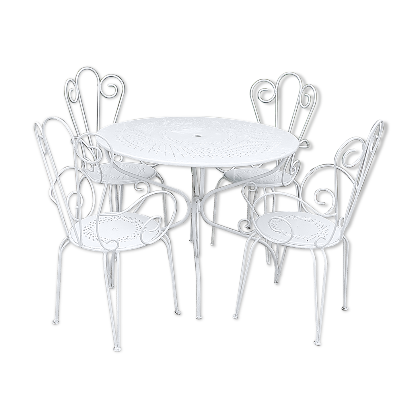 Garden furniture 1 table 4 armchairs in old white wrought iron.
