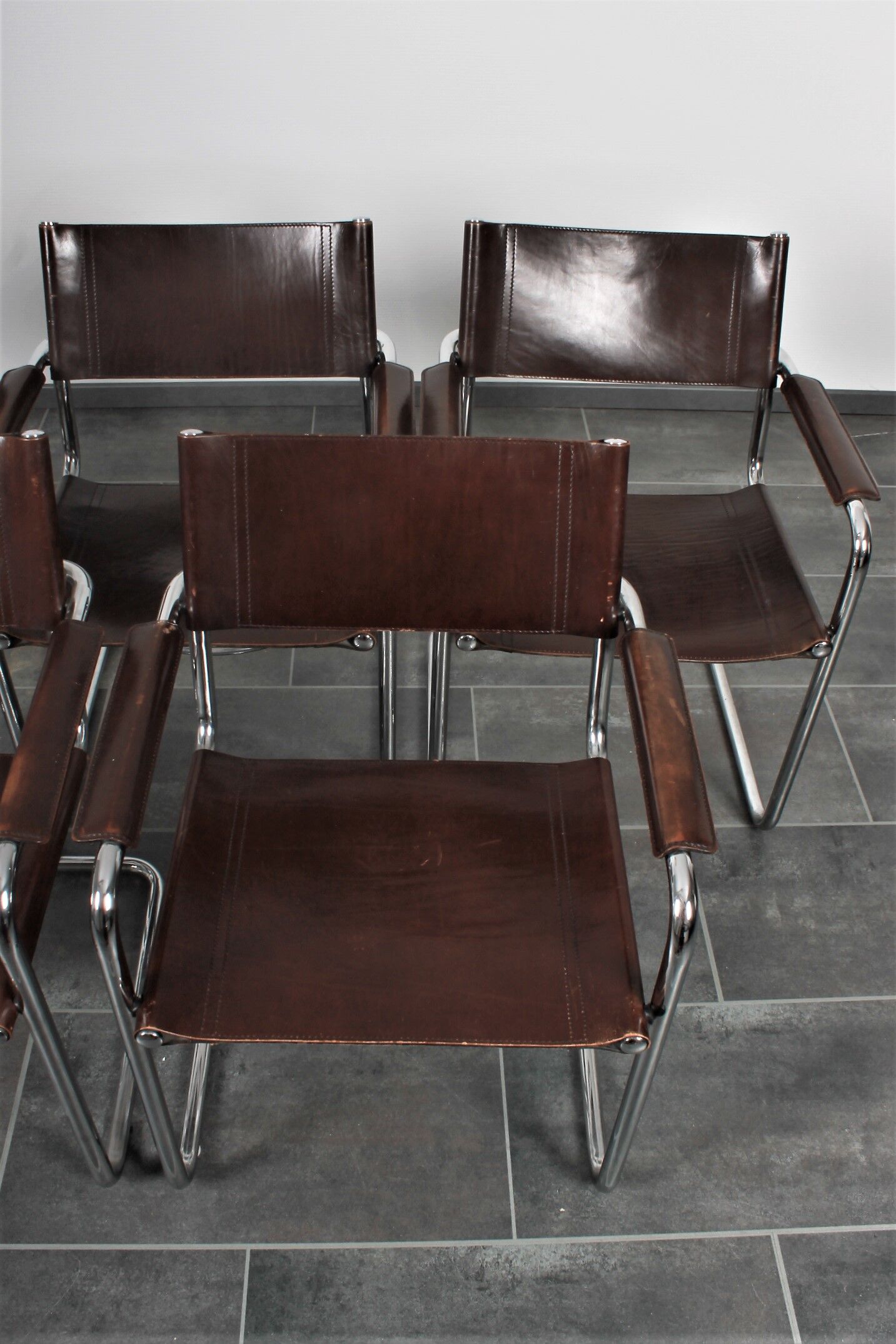 Set of 5 Cantilever MG5 chairs by Matteo Grassi in brown leather