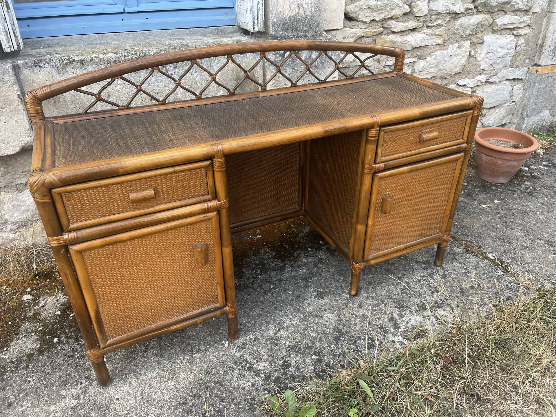 Vintage bamboo and rattan desk – 1960s-70s