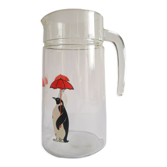 Carafe, pichet en verre baclens motifs pingouins parapluie vintage