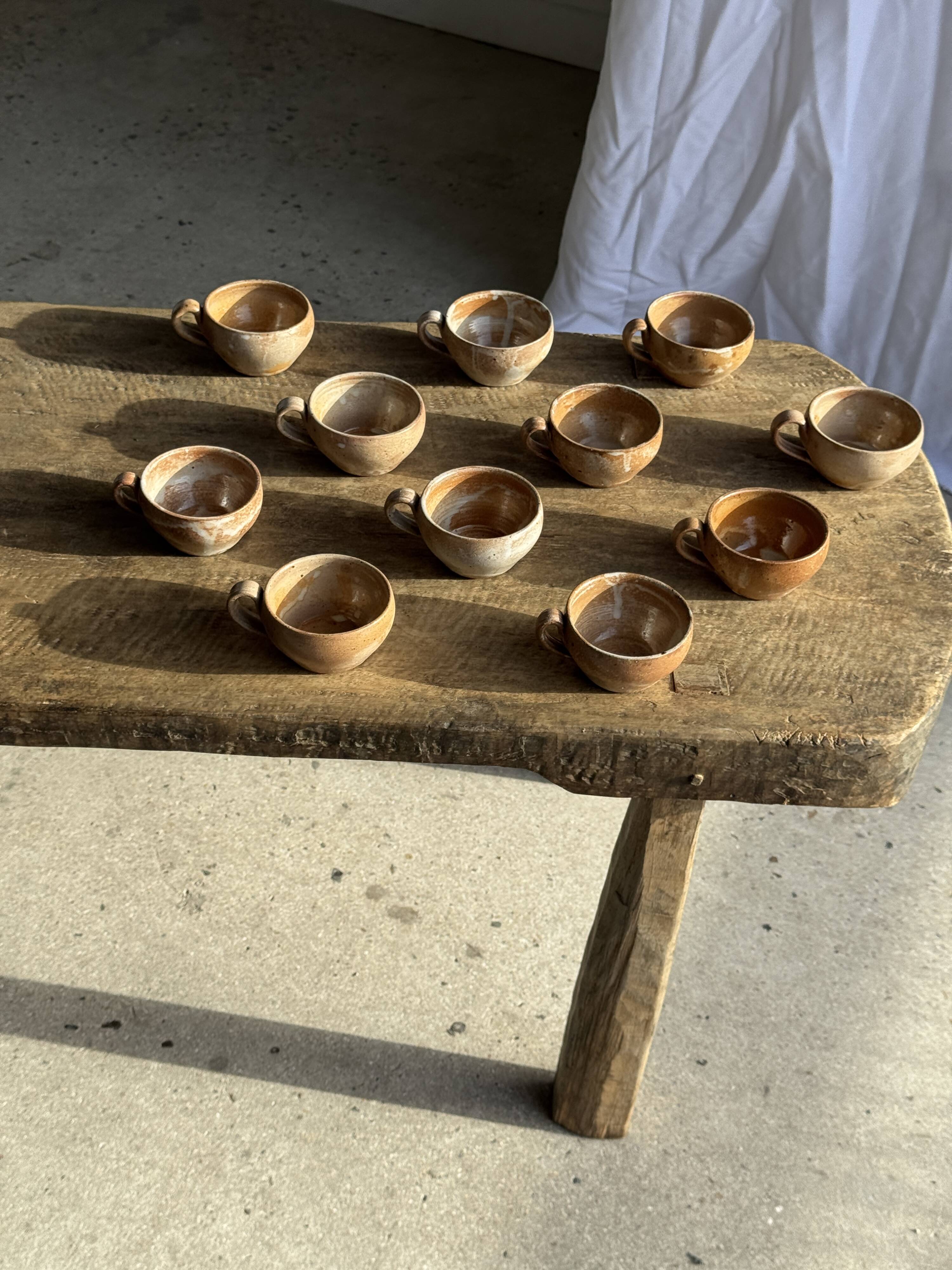 Set of 11 vintage coffee cups, raw matte stoneware H11