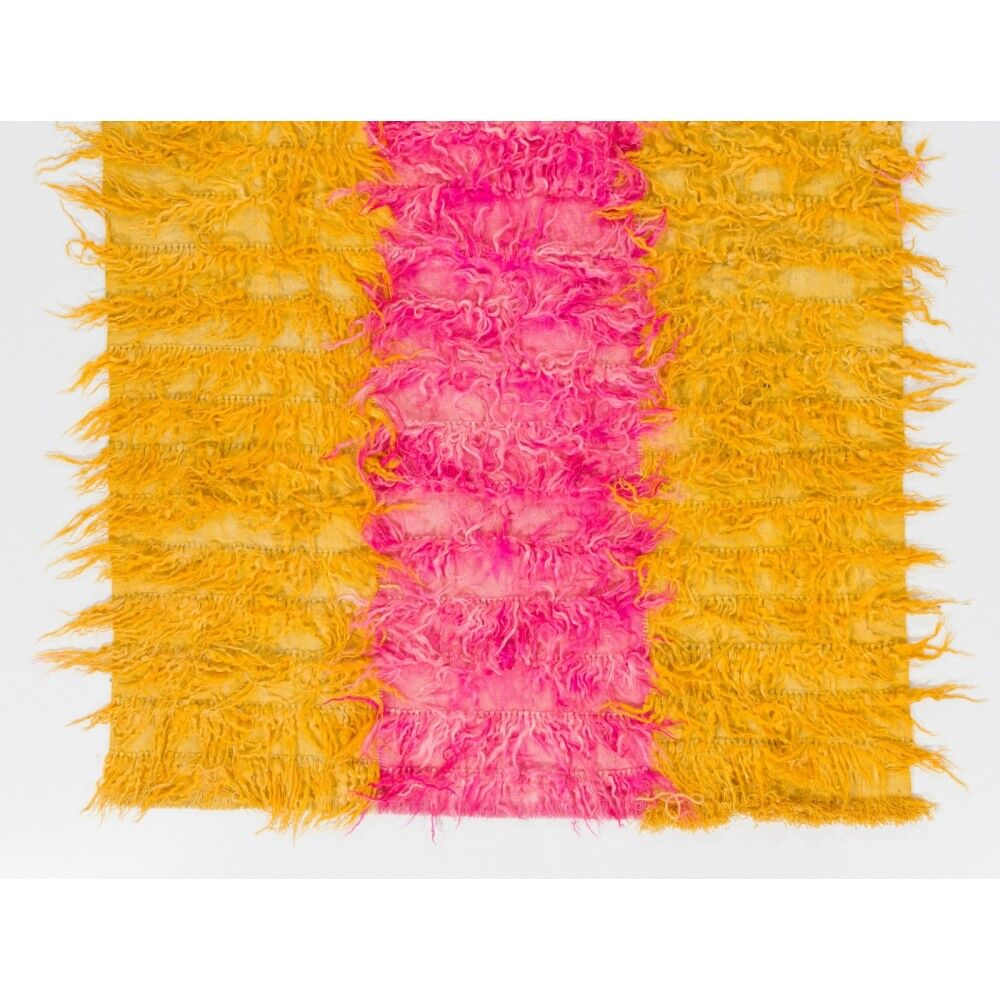 New Hand-Knotted Shag Pile Tulu Rug in Hot Pink and Yellow, 100% Mohair Wool