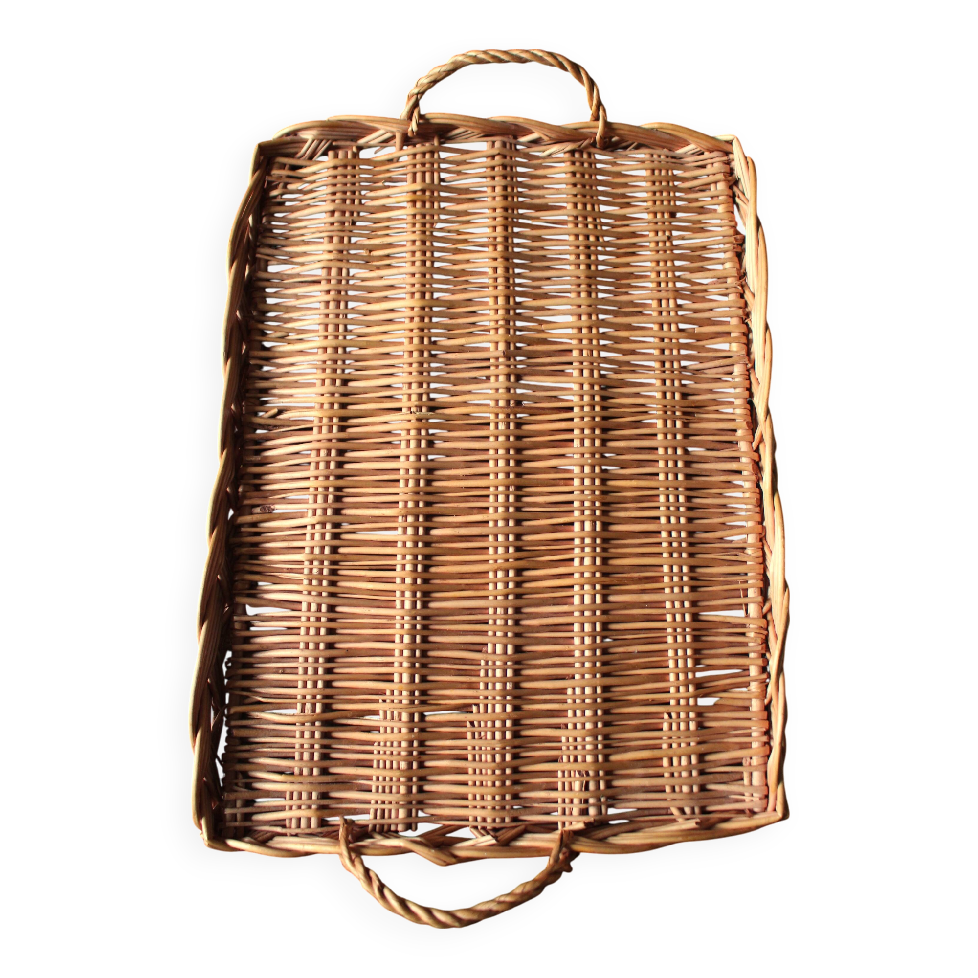 Large rectangular dark wicker tray with two vintage handles