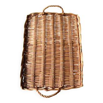 Large rectangular dark wicker tray with two vintage handles