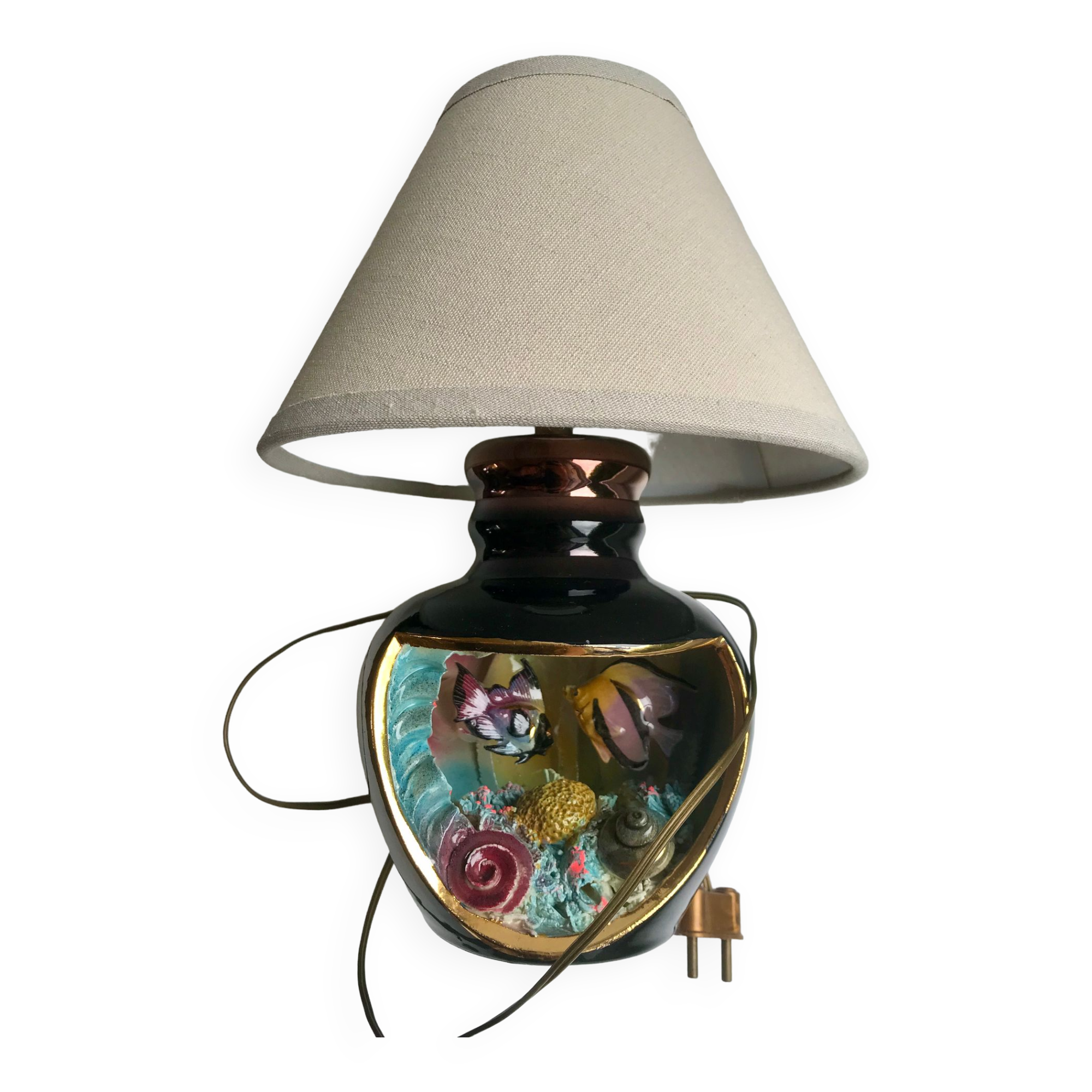 Lampe poisson Vallauris noir et grise avec abat-jour en lin années 70