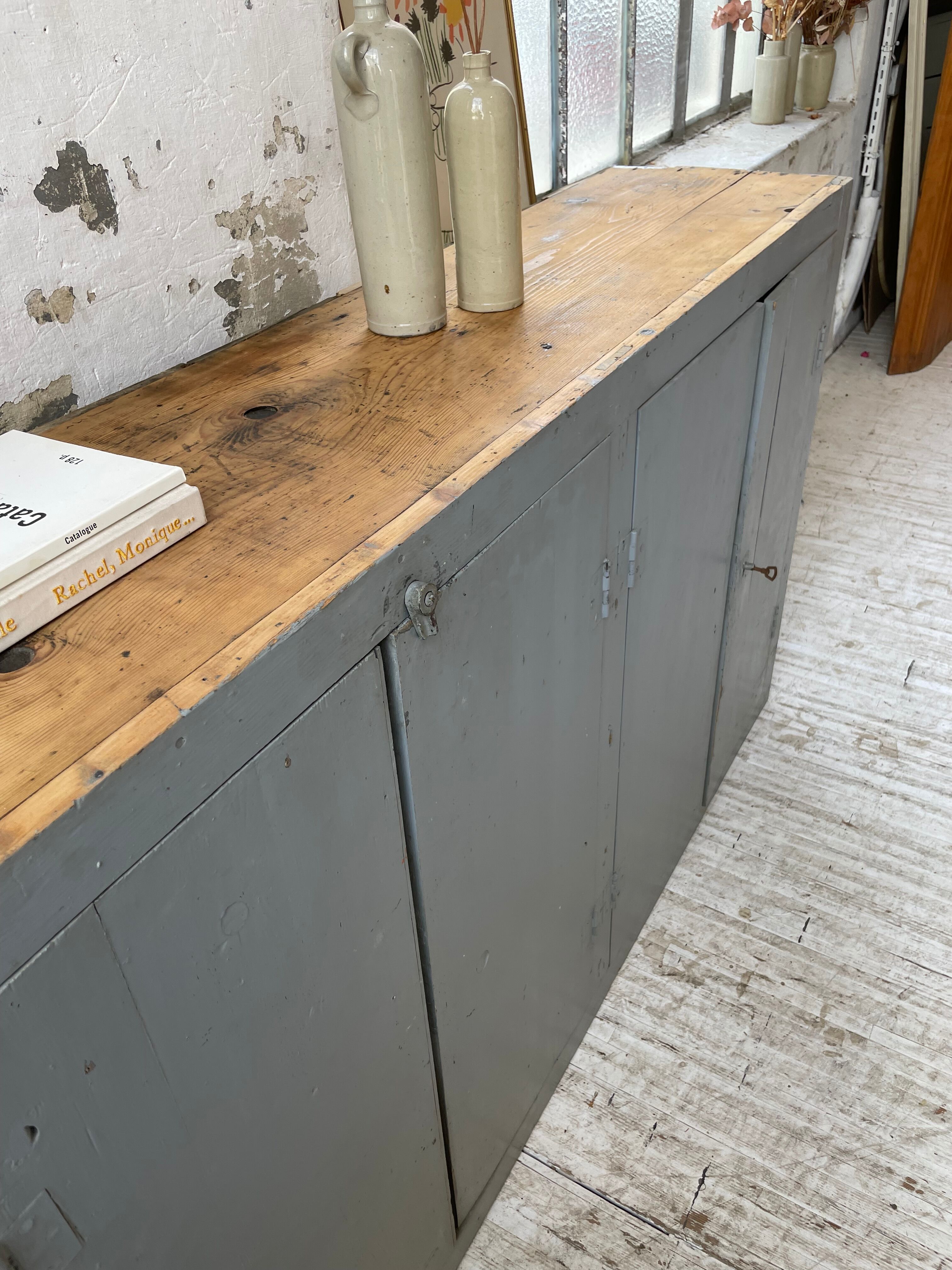 Factory blue patinated workshop furniture