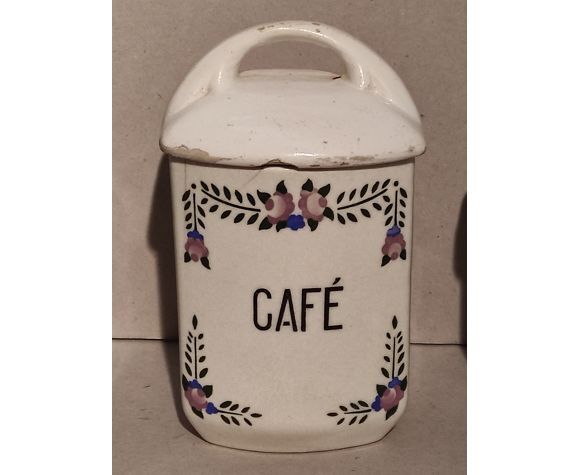 5 old art deco pots in vintage ceramic with spices, flour, pepper, coffee, tea, sugar