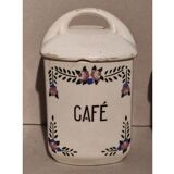 5 old art deco pots in vintage ceramic with spices, flour, pepper, coffee, tea, sugar