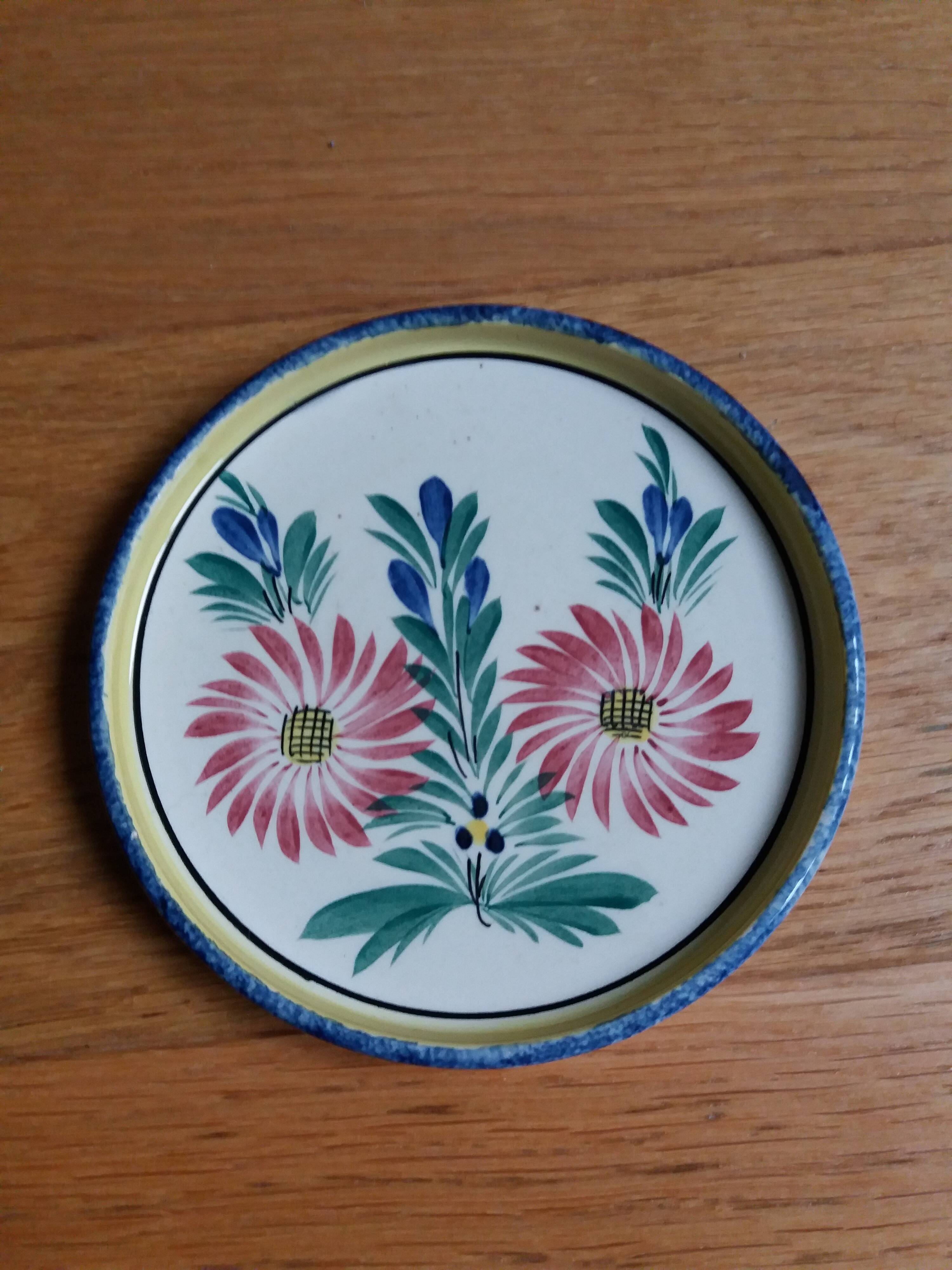 Saucer cup ramekin HB Quimper ceramic signed PF and numbered